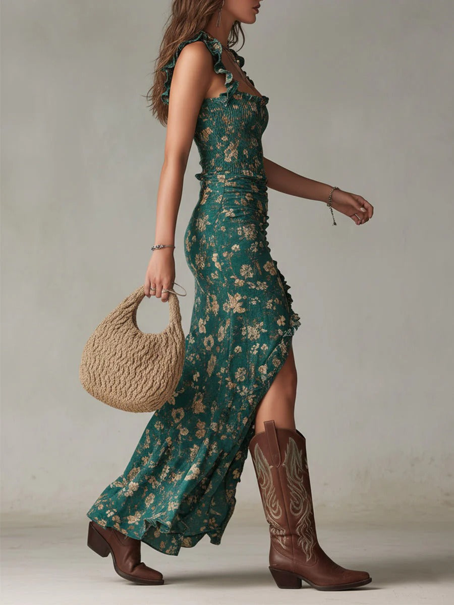 Women’s Floral Boho Maxi Dress with Ruffle Straps and High Slit