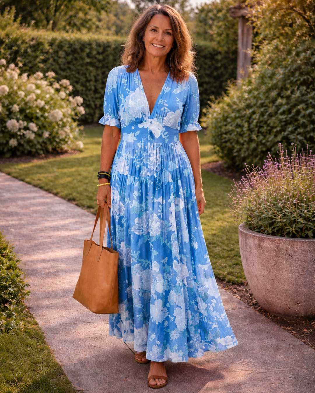 Robe maxi fleurie à col en V pour femme