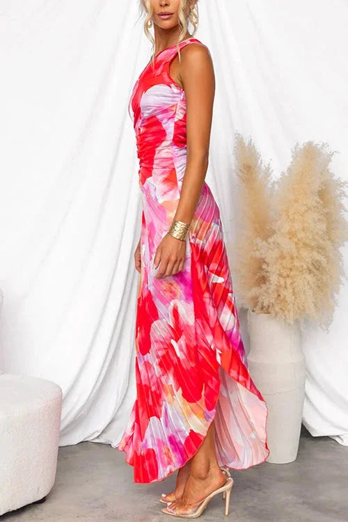Women’s One-Shoulder Floral Maxi Dress with Draped Waist
