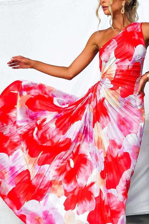 Women’s One-Shoulder Floral Maxi Dress with Draped Waist