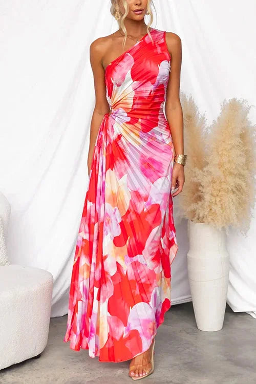 Women’s One-Shoulder Floral Maxi Dress with Draped Waist