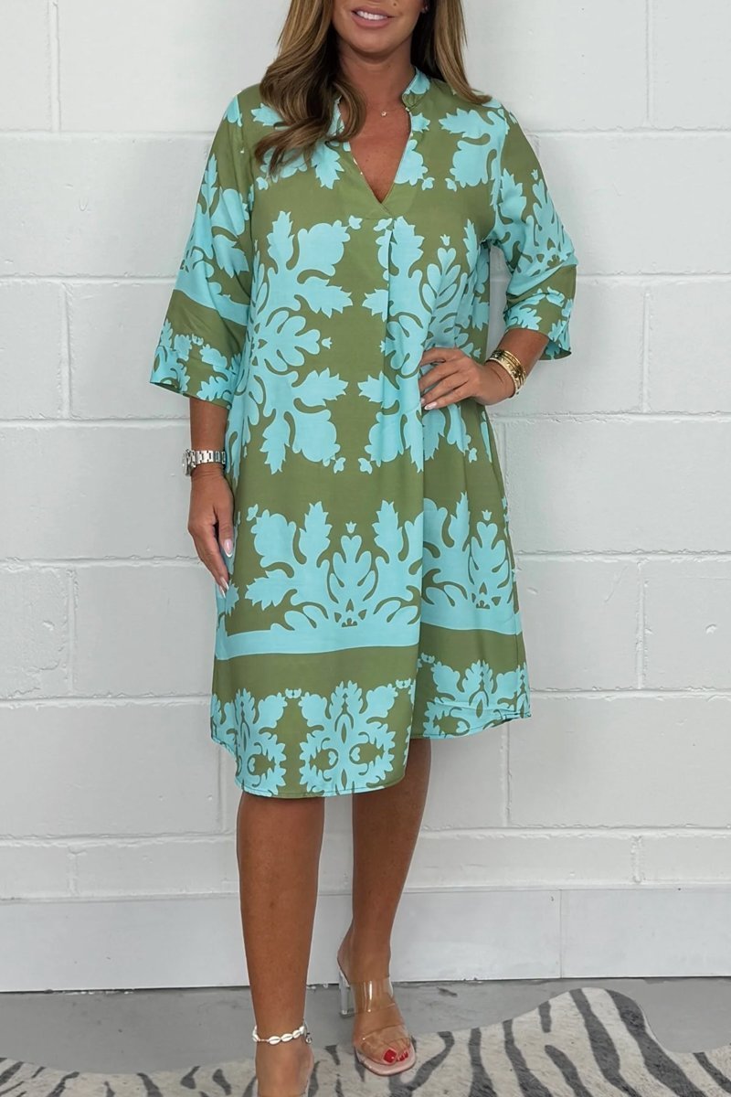 Robe midi décontractée pour femme à col en V avec imprimé et manches 3/4