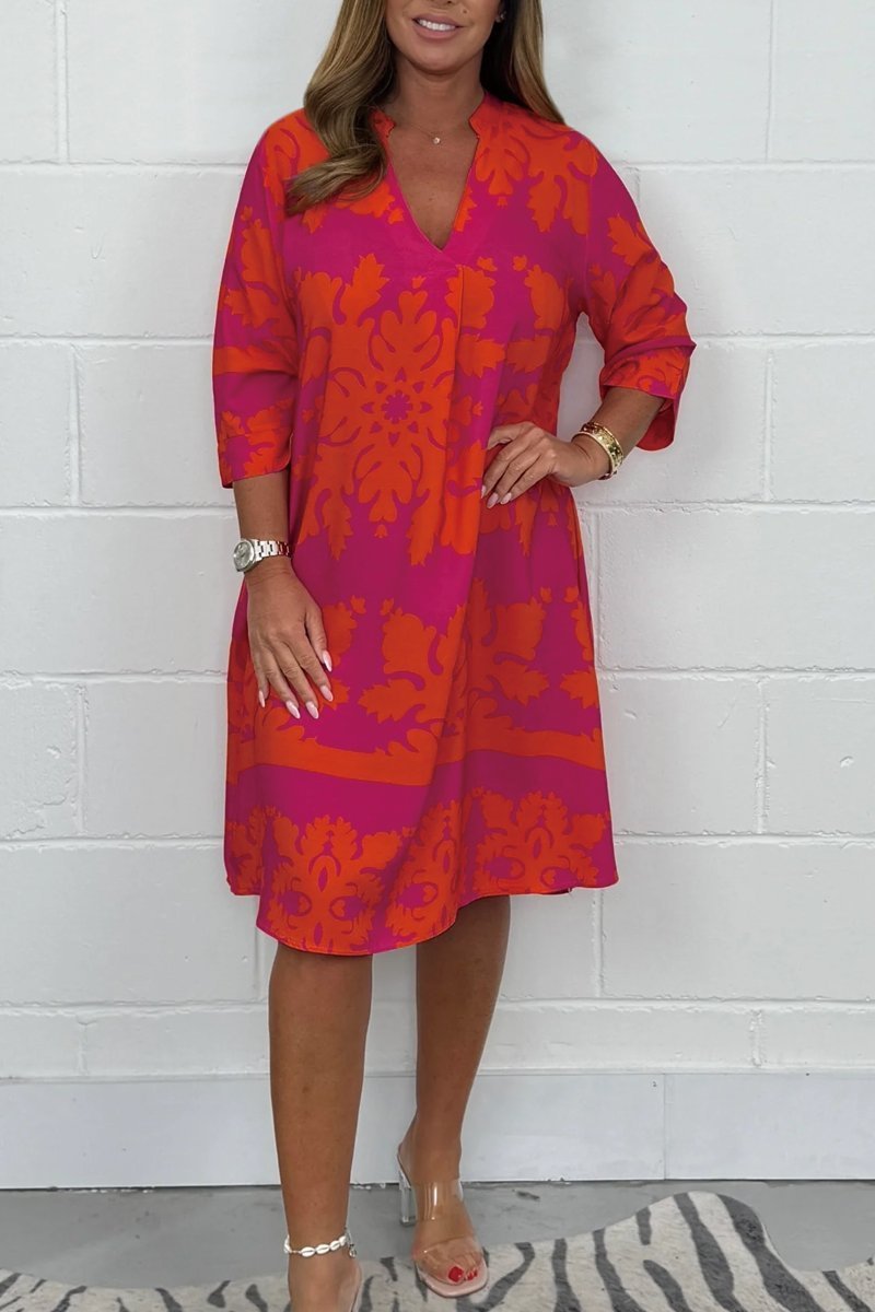Robe midi décontractée pour femme à col en V avec imprimé et manches 3/4