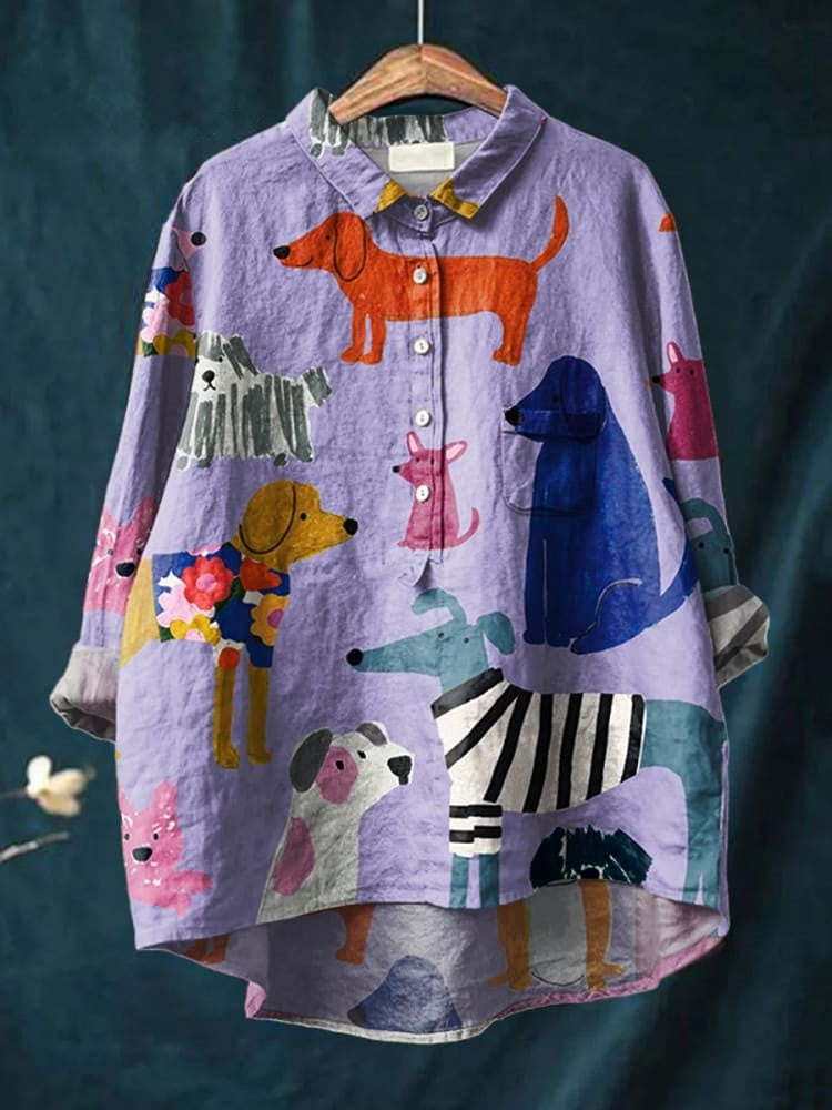 Chemise décontractée pour femmes à imprimé chien, boutonnée