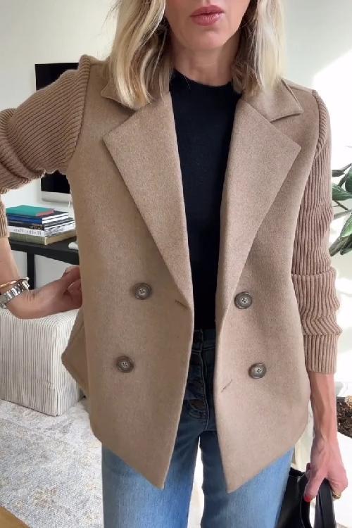Women's Double-Breasted Blazer with Knit Sleeves