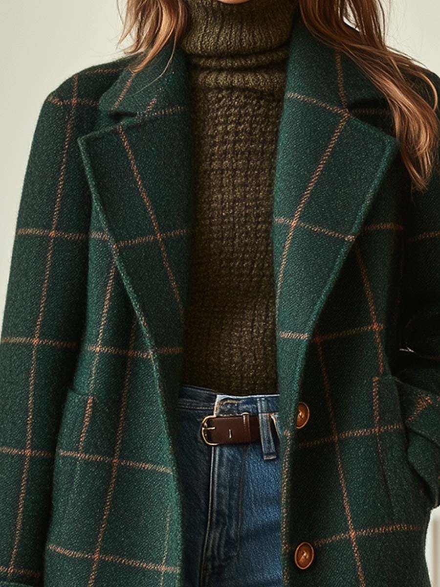 Women's Long Plaid Notched Collar Coat