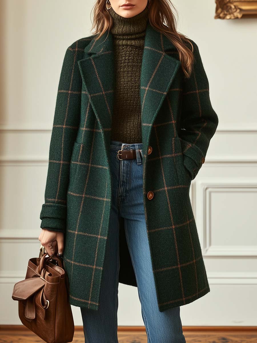 Women's Long Plaid Notched Collar Coat