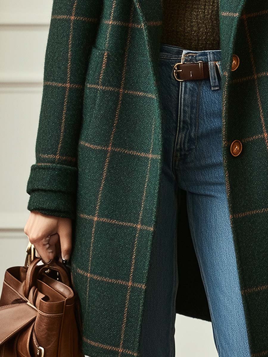 Manteau long à carreaux pour femme avec col cranté