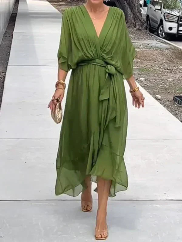 Robe midi portefeuille ceinturée col en V