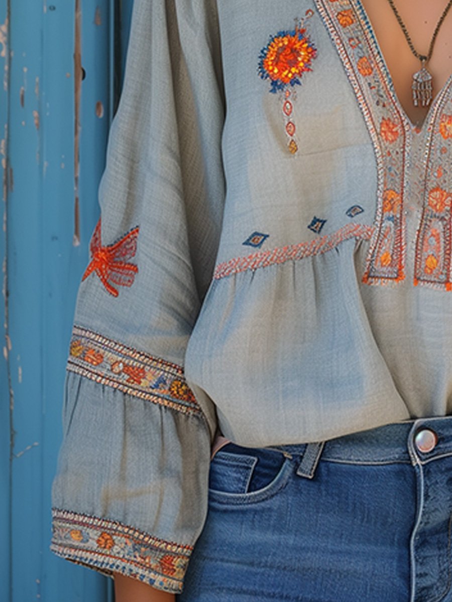 Women's Bohemian Embroidered V-Neck Blouse with Flared Sleeves