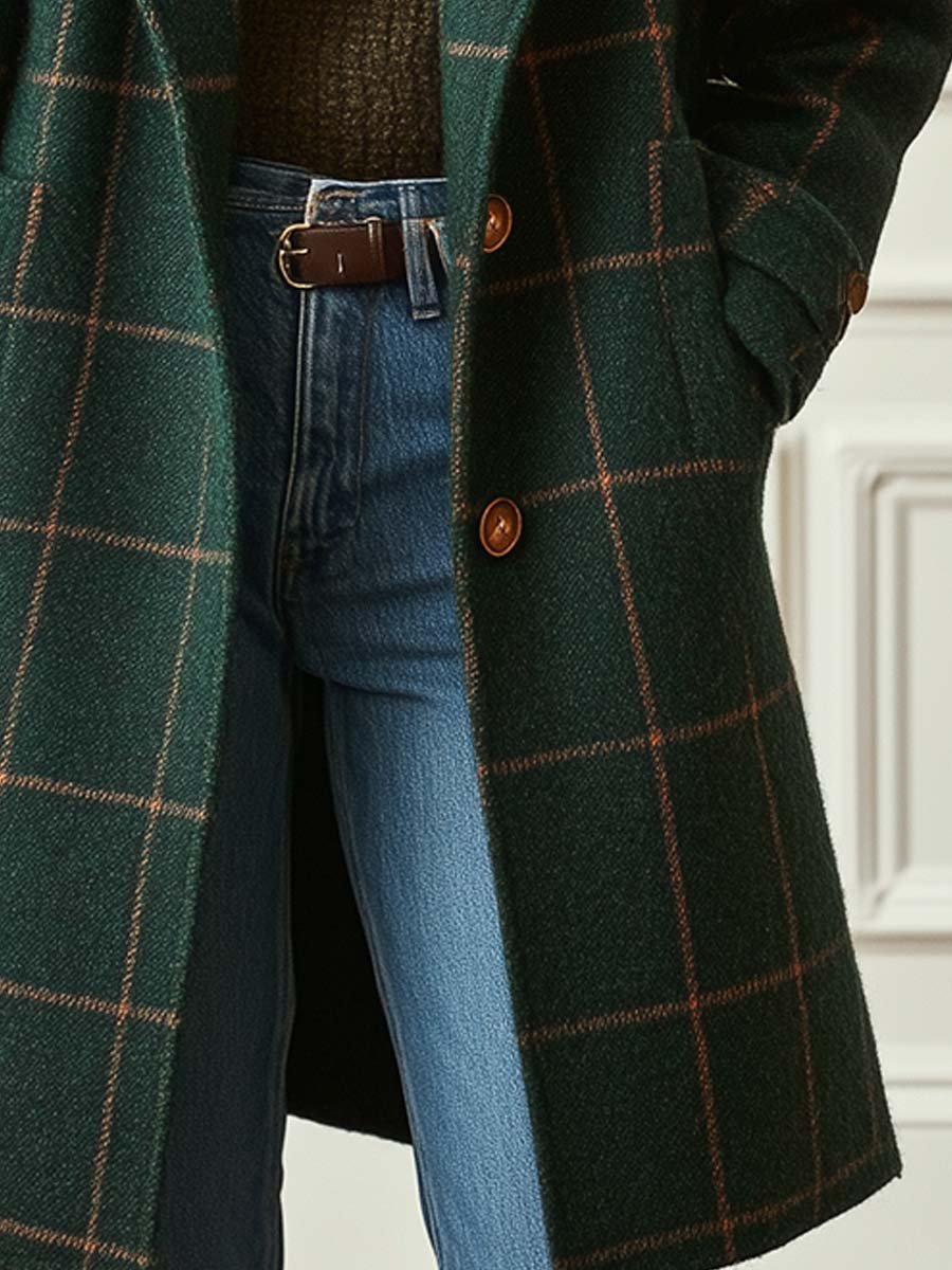 Manteau long à carreaux pour femme avec col cranté