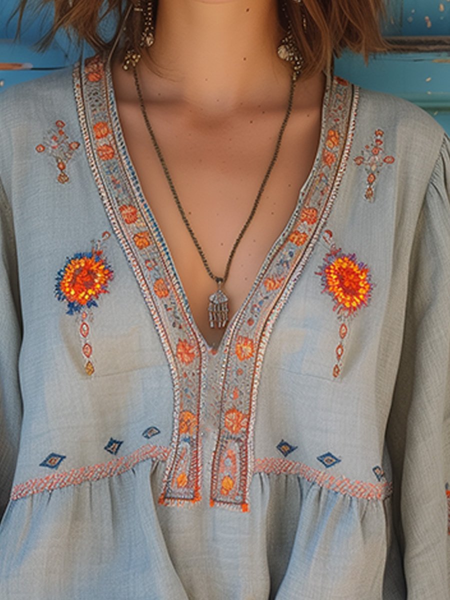Women's Bohemian Embroidered V-Neck Blouse with Flared Sleeves