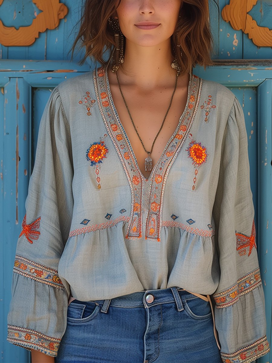 Women's Bohemian Embroidered V-Neck Blouse with Flared Sleeves