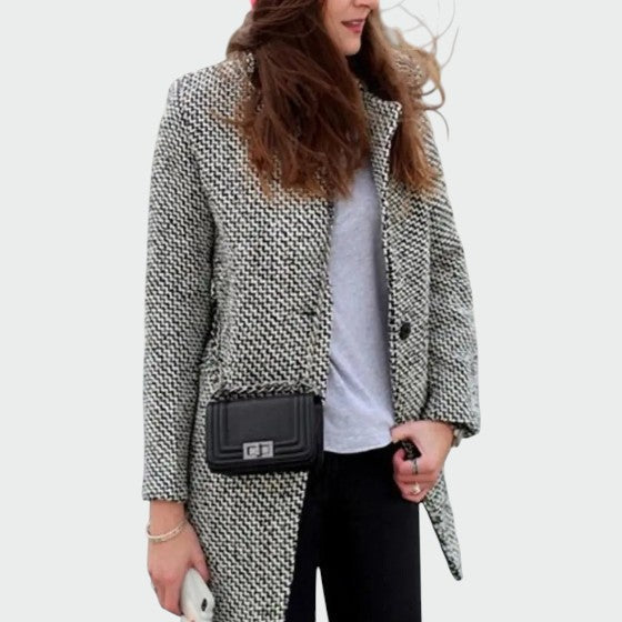 Women's Herringbone Long Coat with Notched Lapel
