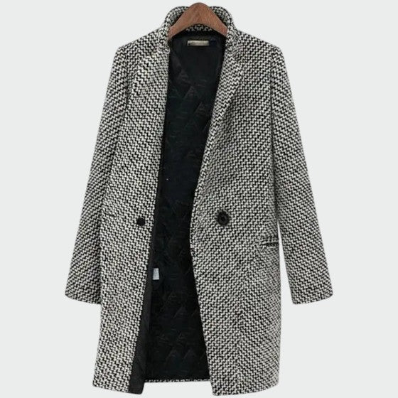 Women's Herringbone Long Coat with Notched Lapel