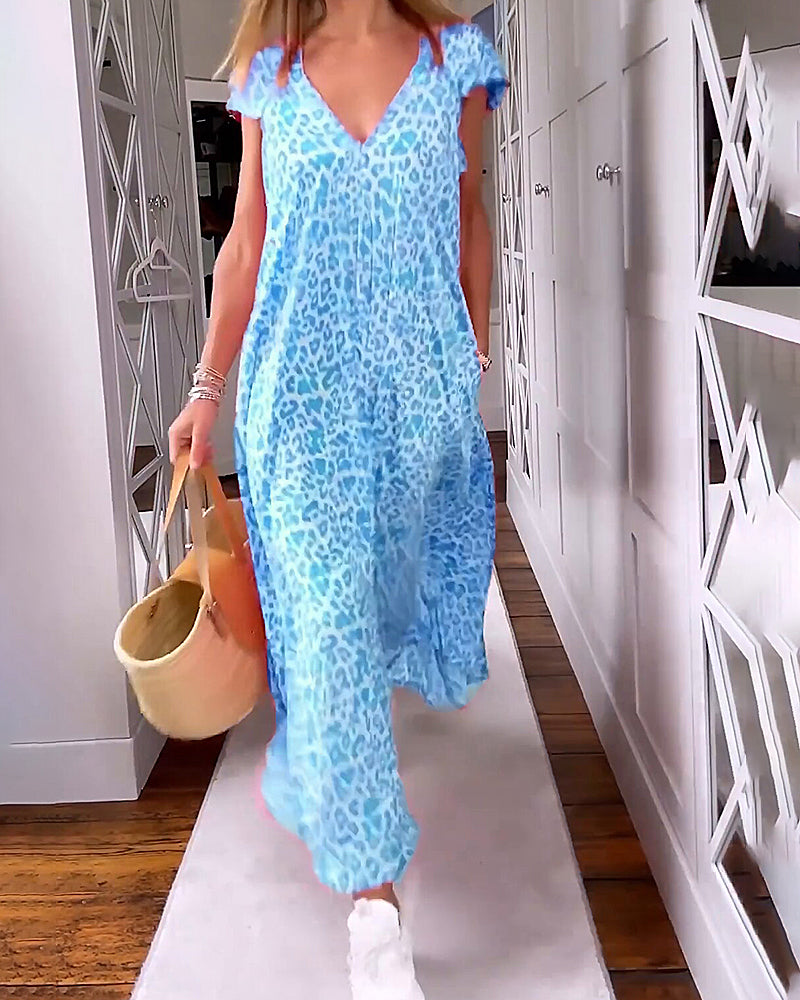 Women's Leopard Print Maxi Dress V-Neck