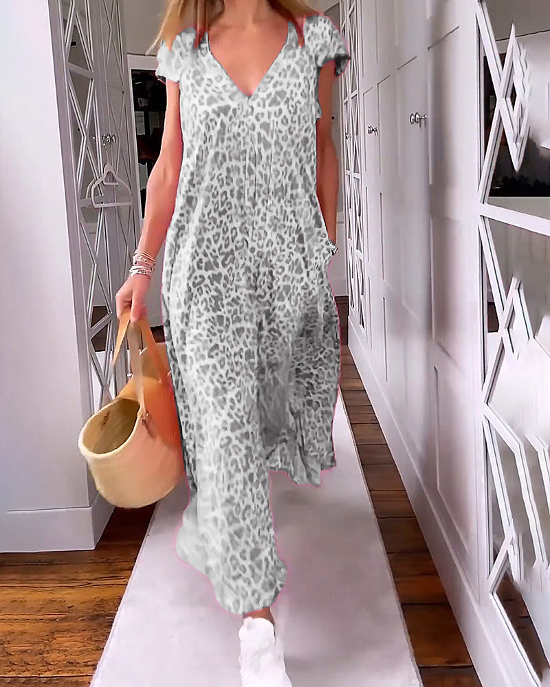 Women's Leopard Print Maxi Dress V-Neck