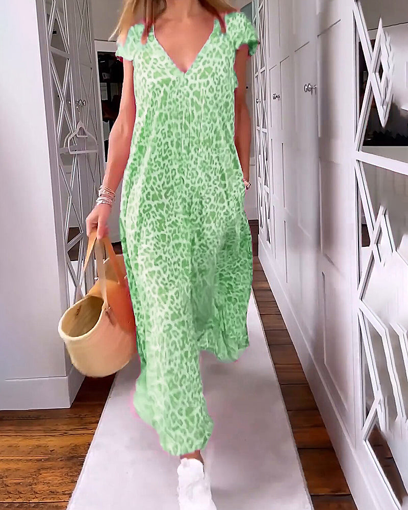Women's Leopard Print Maxi Dress V-Neck