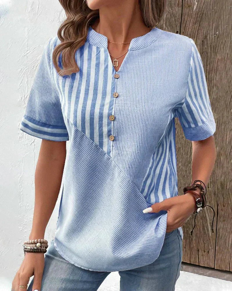Blouse à rayures pour femmes avec boutons sur le devant et manches courtes