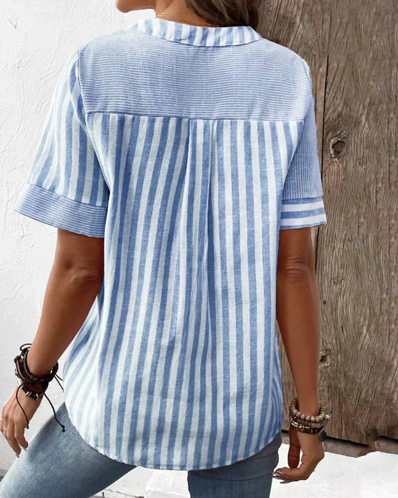 Blouse à rayures pour femmes avec boutons sur le devant et manches courtes