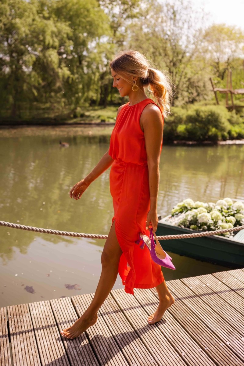 Women's Sleeveless Midi Dress with High Neck