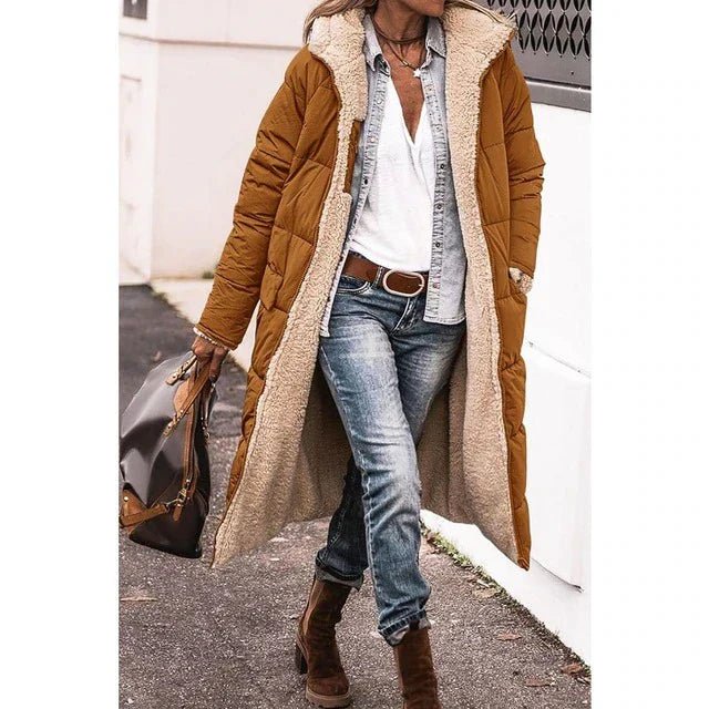 Manteau long matelassé à capuche pour femme avec doublure douillette