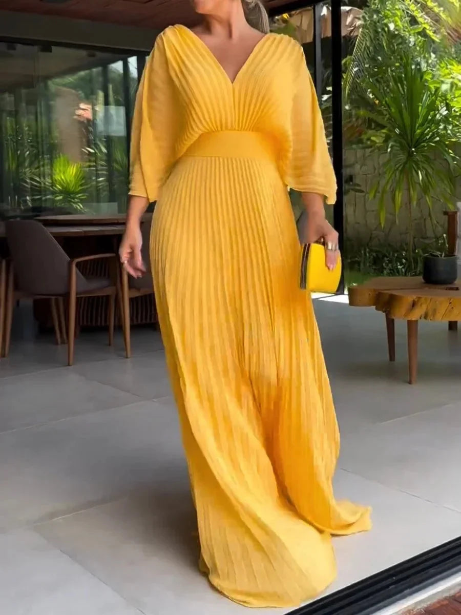 Lovella – Robe kaftan maxi plissée à col en V