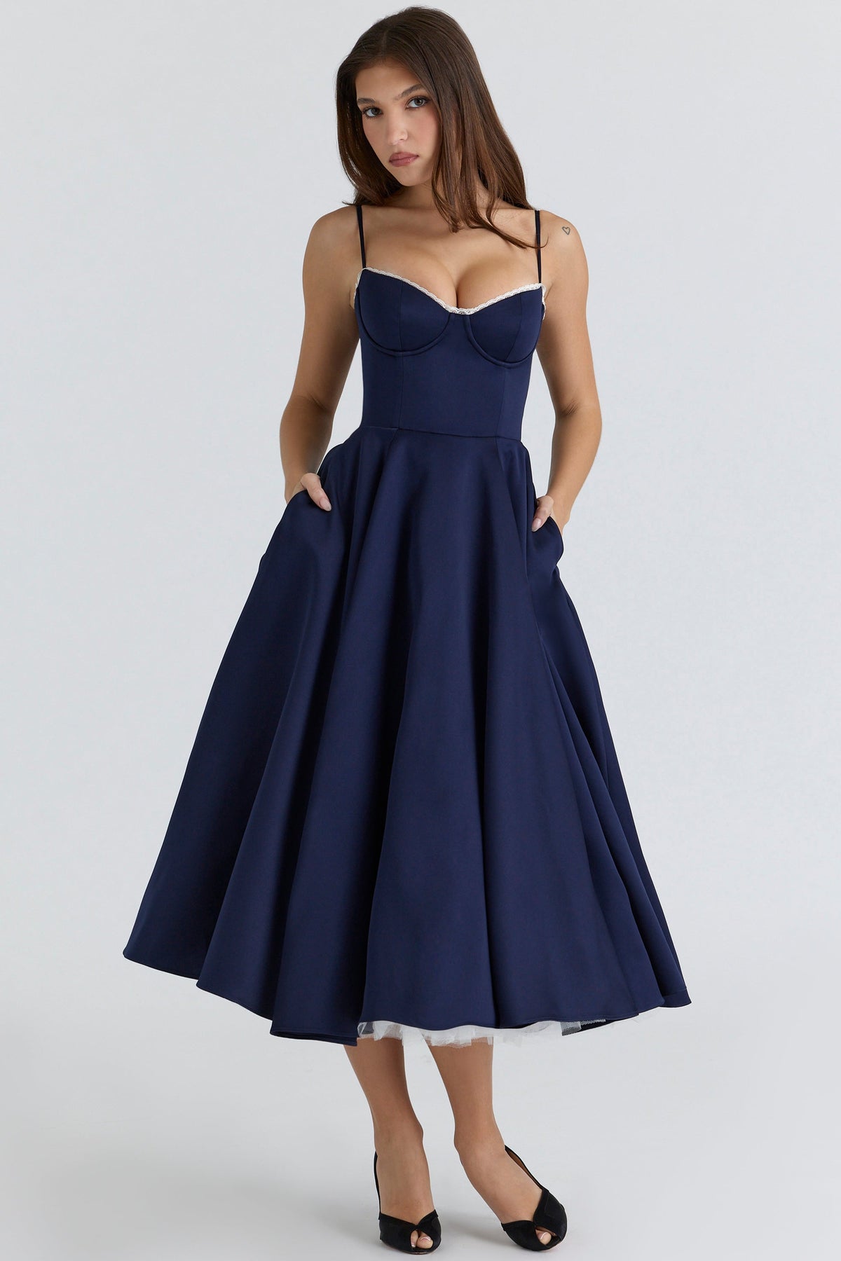 Women's Satin Tulle Midi Dress with Pockets