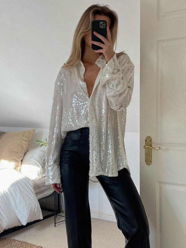 Chemisier oversize à sequins et boutonné pour femme
