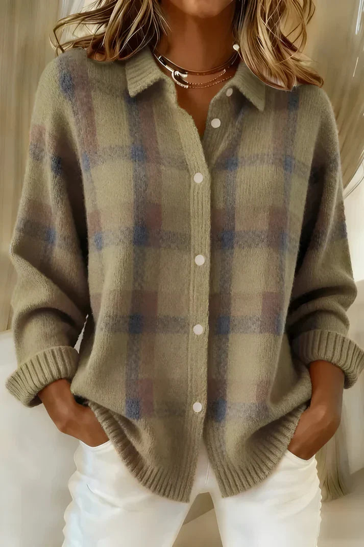 Women's Plaid Knit Collared Cardigan Sweater