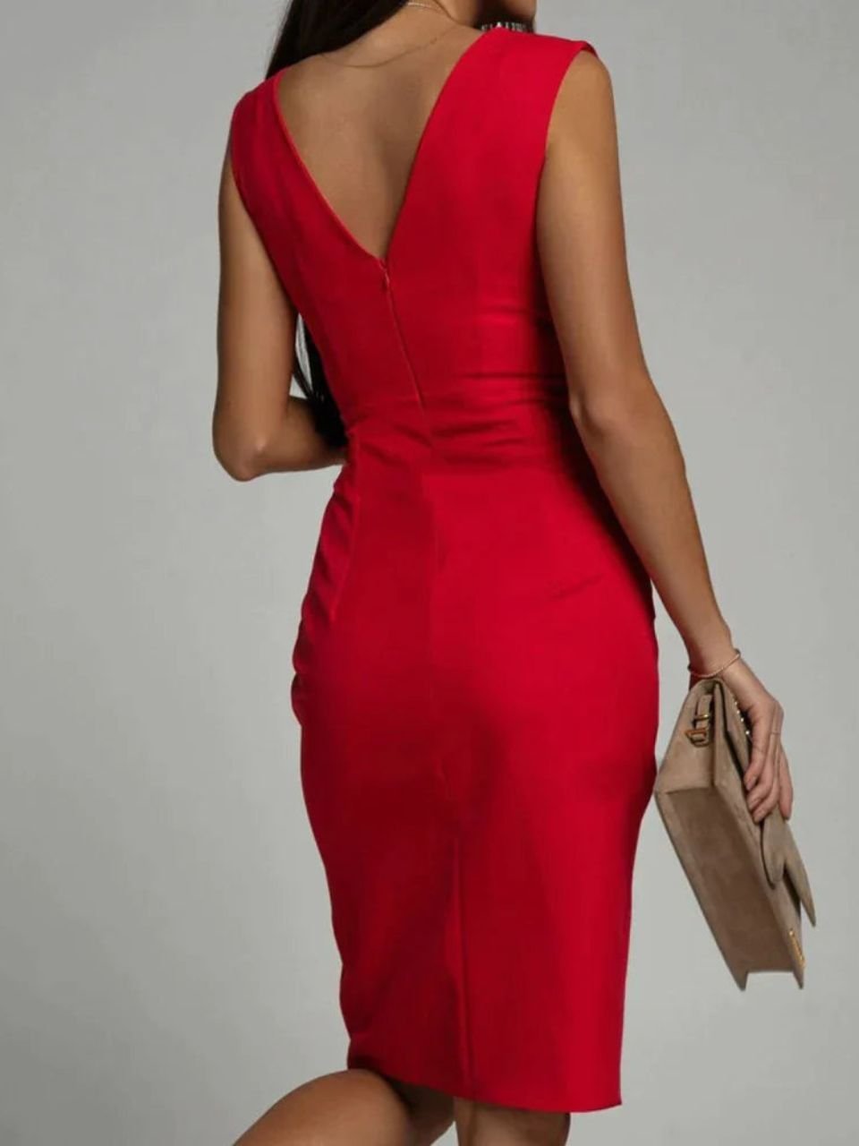 Women's Sleeveless Bodycon Midi Dress with V-Neck and Side Slit