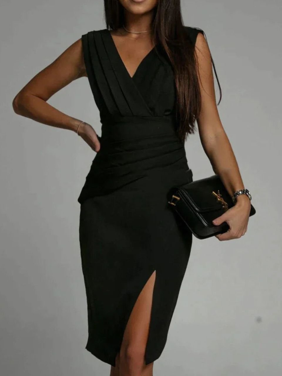Women's Sleeveless Bodycon Midi Dress with V-Neck and Side Slit