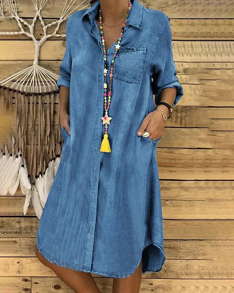 Robe midi-chemise en jean pour femme avec poches