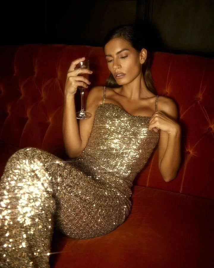 Sparkling Glitter Jumpsuit with Stylish Waist Belt