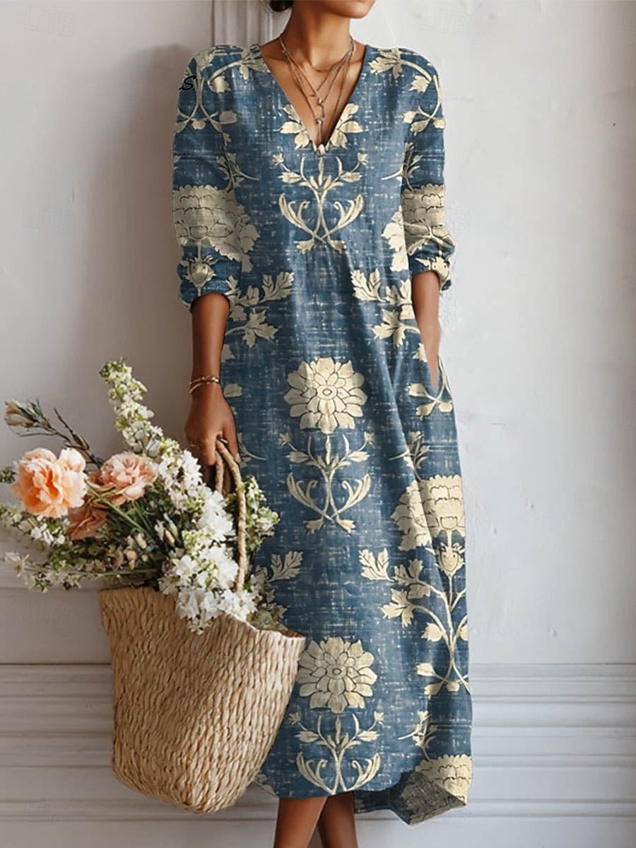 Vestito midi floreale da donna con scollo a V e maniche 3/4
