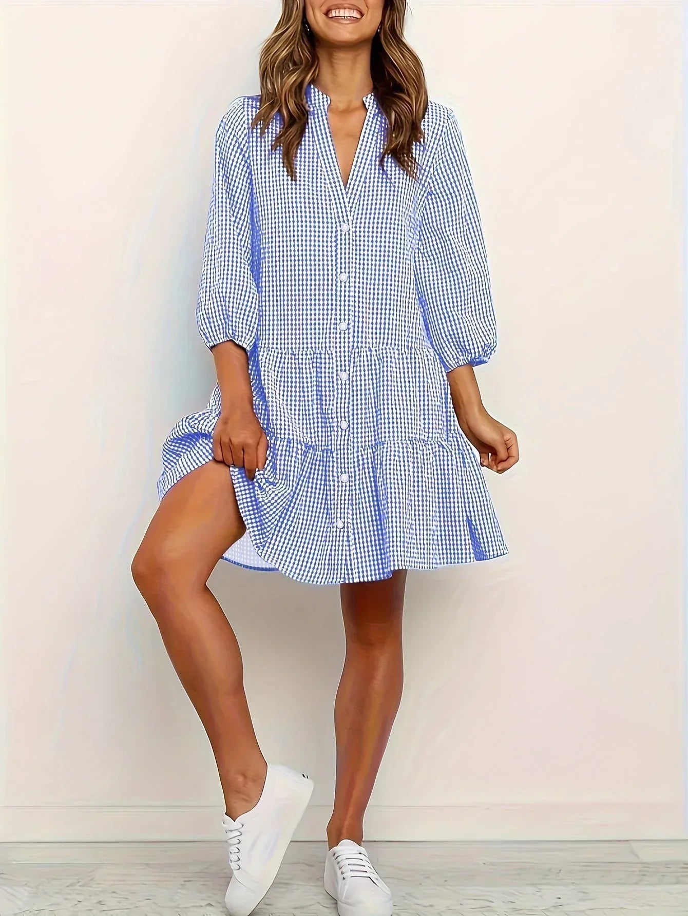Γυναικείο Μίνι Φόρεμα Gingham με Φαρδιά Γραμμή