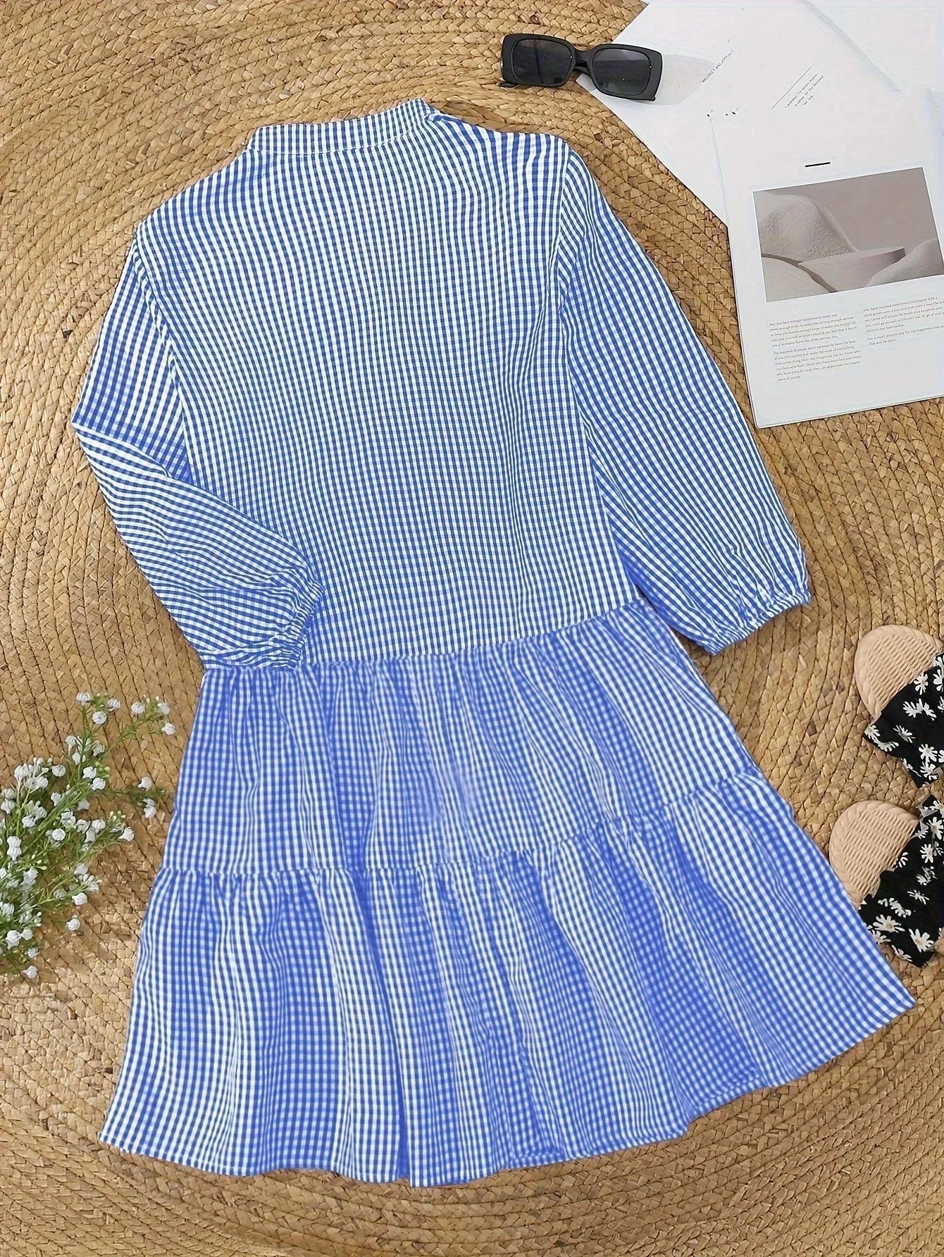 Gingham Mini Dress with 3/4 Sleeves for Women