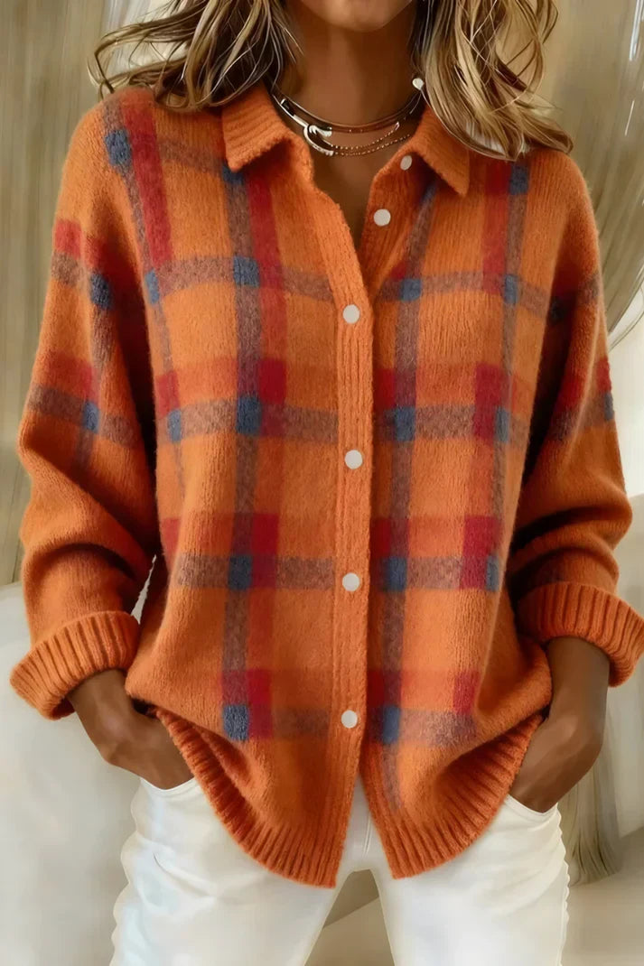 Women's Plaid Knit Collared Cardigan Sweater