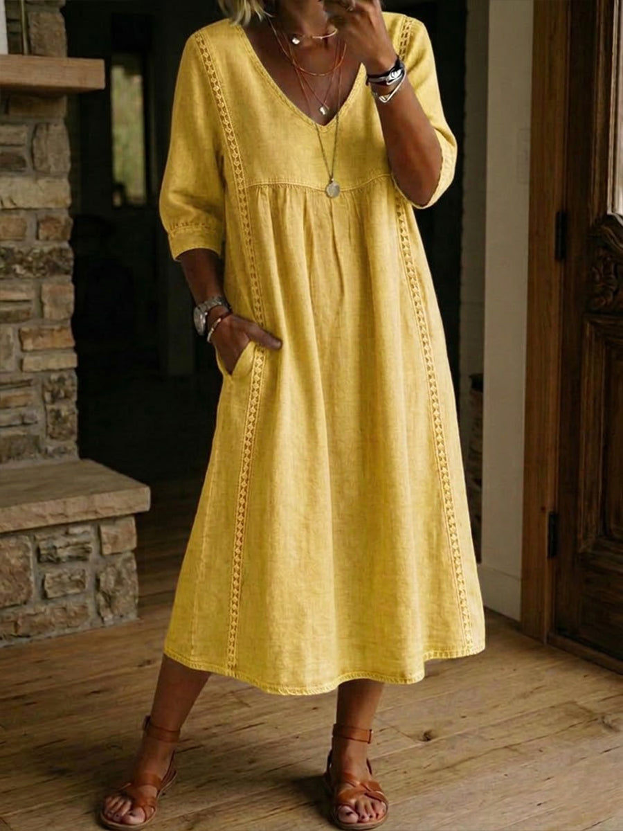 Abito midi da donna con scollo a V rilassato e vita arricciata