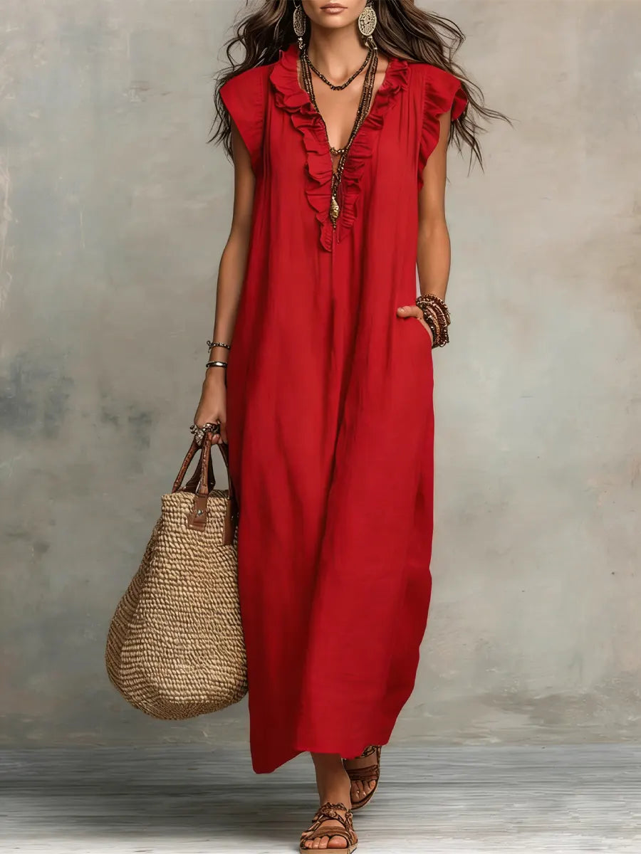 Robe maxi bohème sans manches à col en V avec bordure à volants pour femme