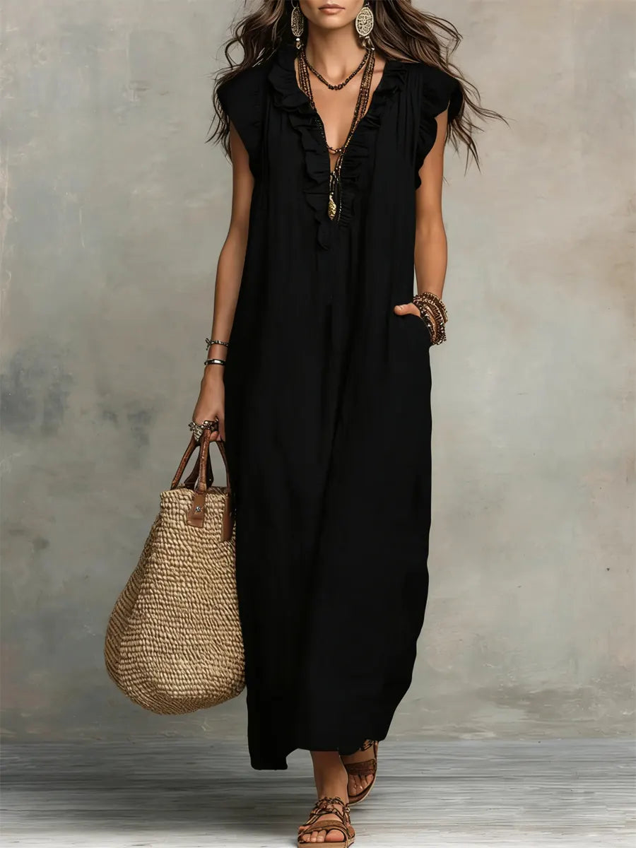 Robe maxi bohème sans manches à col en V avec bordure à volants pour femme