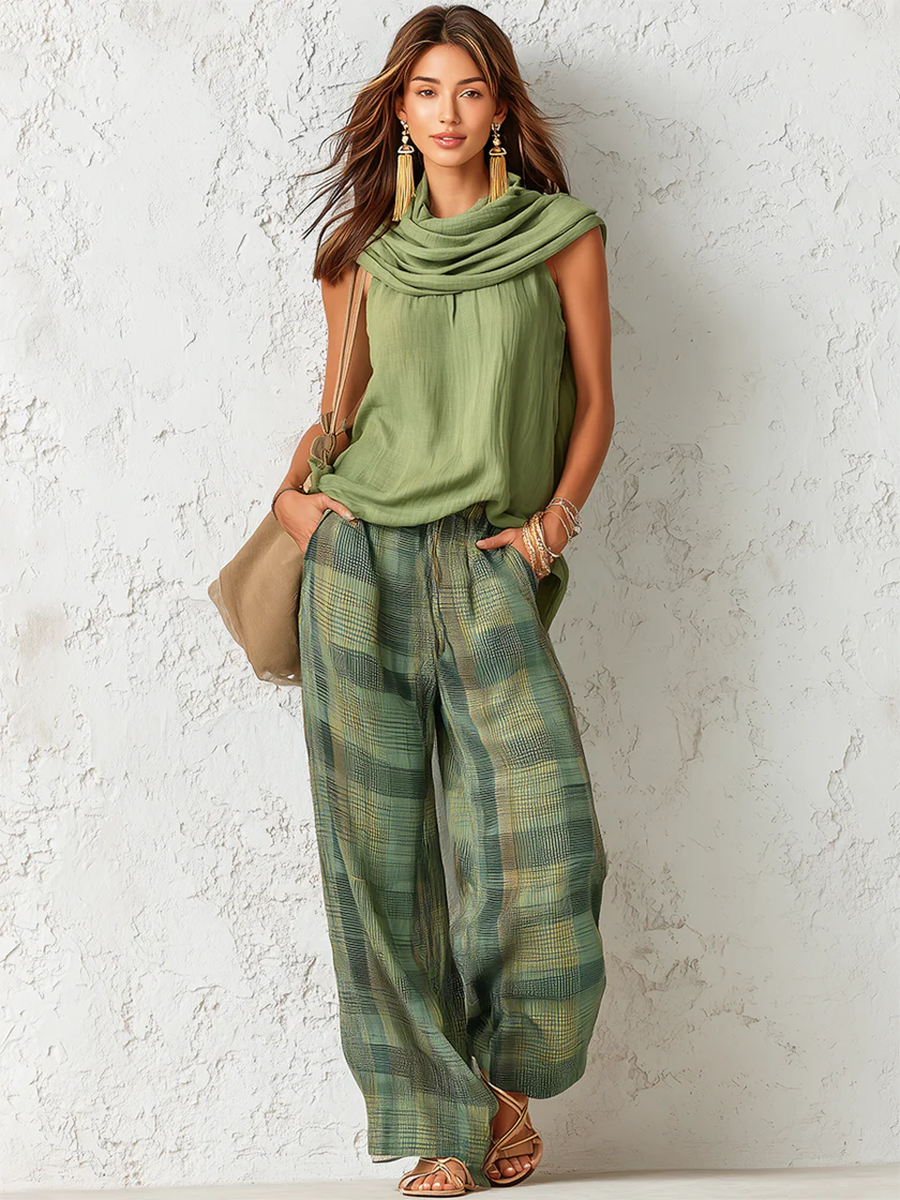 Ensemble 2 pièces pour femme composé d’un haut sans manches et d’un pantalon à jambes larges