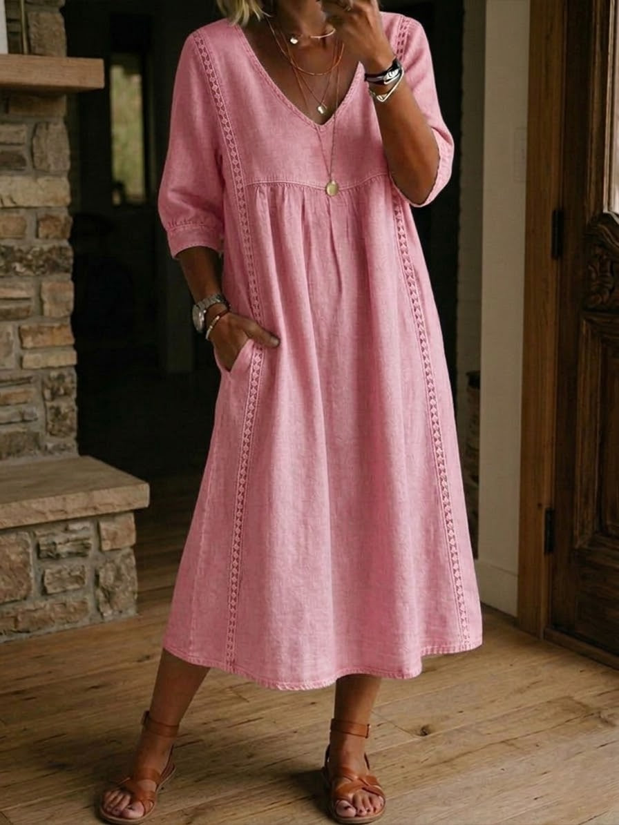 Abito midi da donna con scollo a V rilassato e vita arricciata