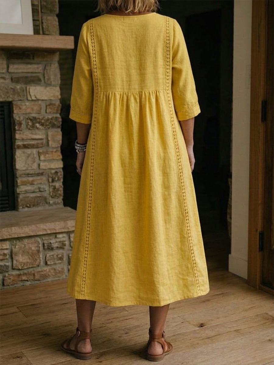 Abito midi da donna con scollo a V rilassato e vita arricciata