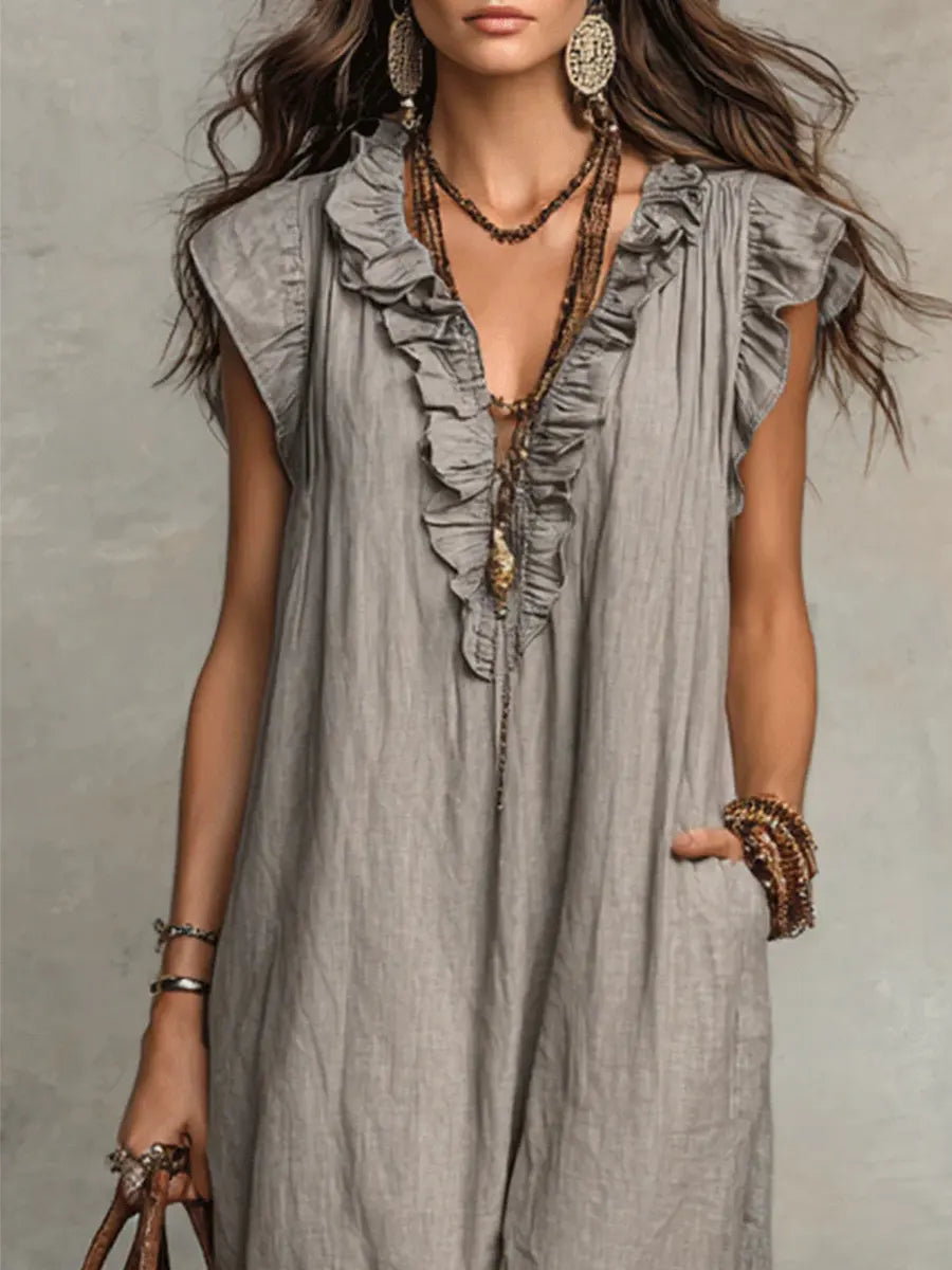 Robe maxi bohème sans manches à col en V avec bordure à volants pour femme