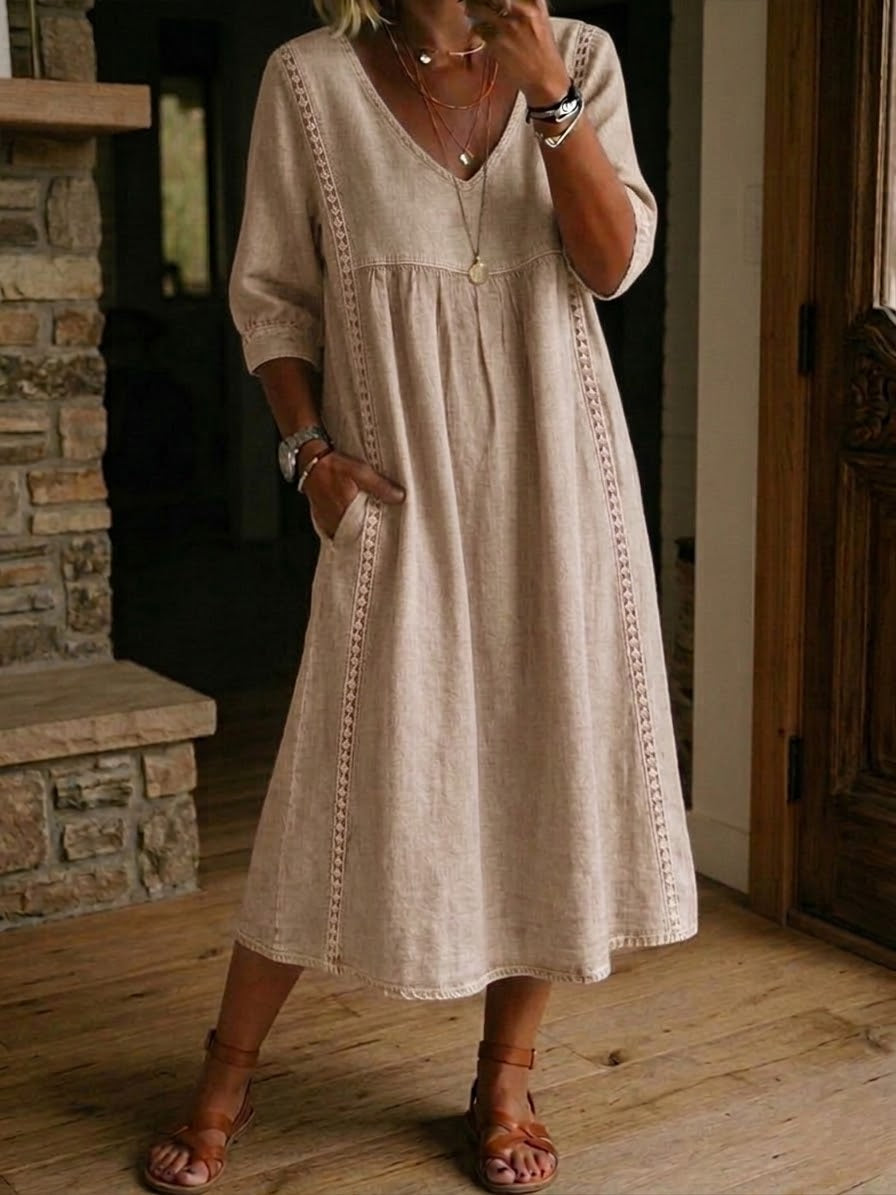 Abito midi da donna con scollo a V rilassato e vita arricciata