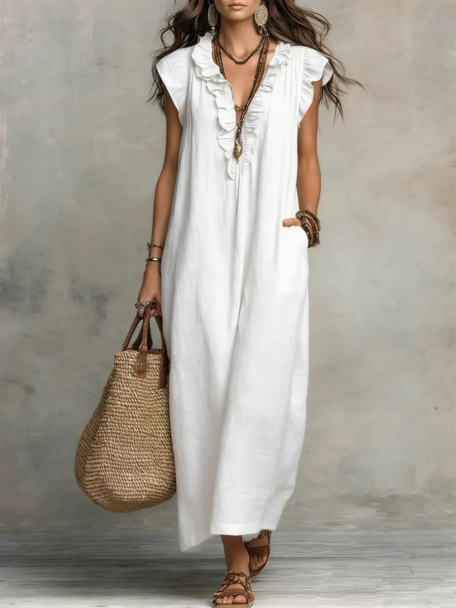 Robe maxi bohème sans manches à col en V avec bordure à volants pour femme