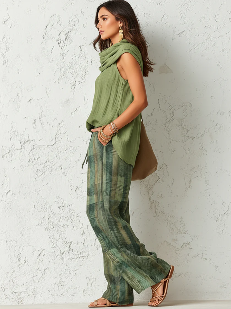 Ensemble 2 pièces pour femme composé d’un haut sans manches et d’un pantalon à jambes larges
