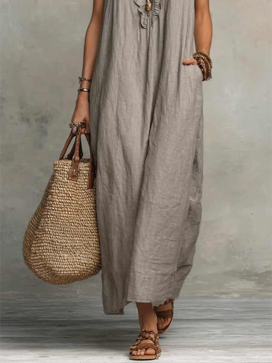 Robe maxi bohème sans manches à col en V avec bordure à volants pour femme