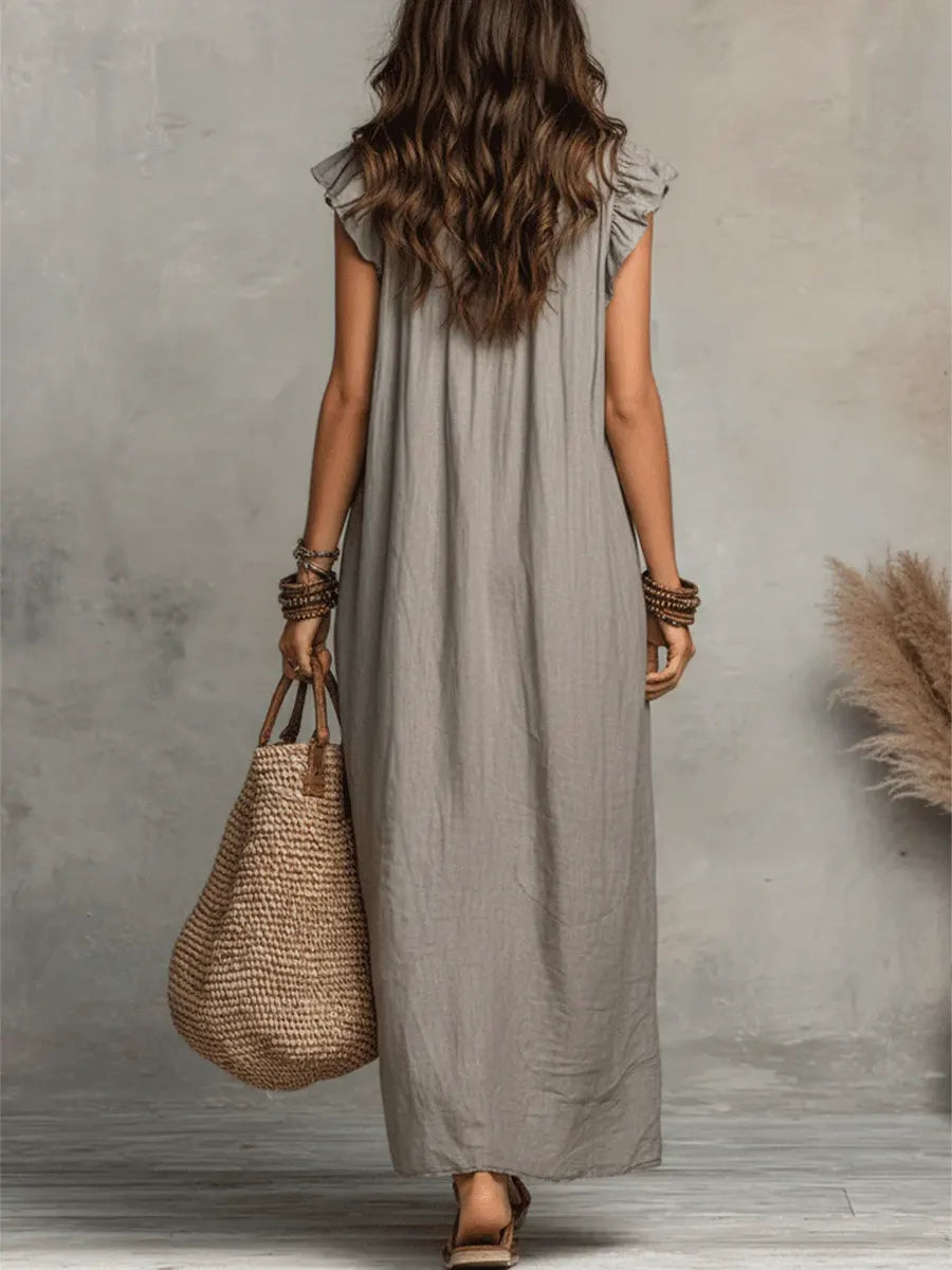 Robe maxi bohème sans manches à col en V avec bordure à volants pour femme